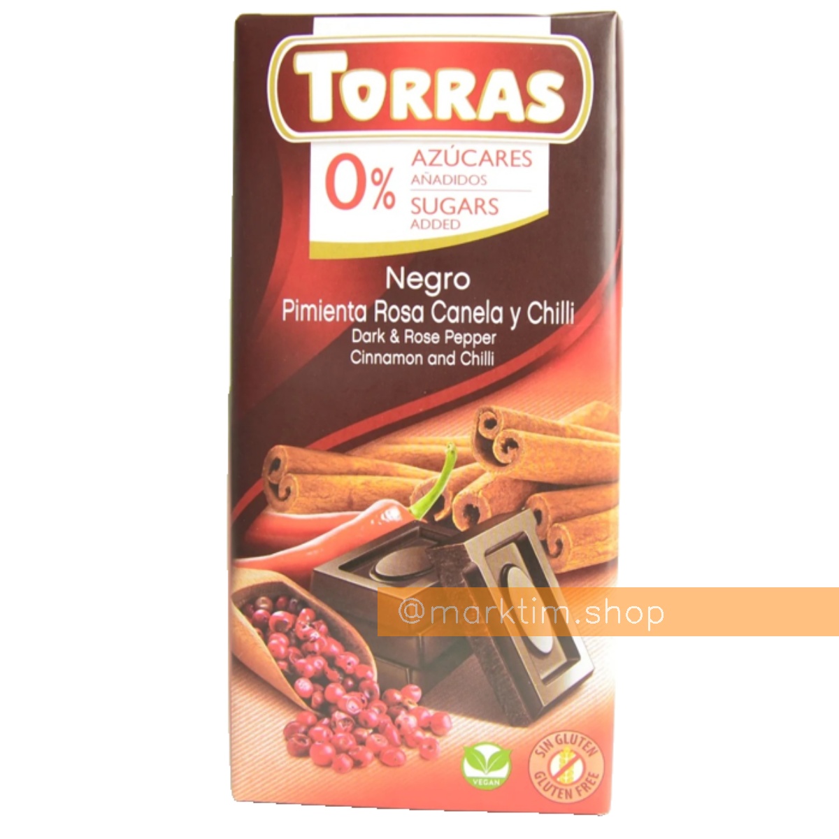 Шоколад черный с розовым перцем, корицей и чили без сахара Torras (75 г)