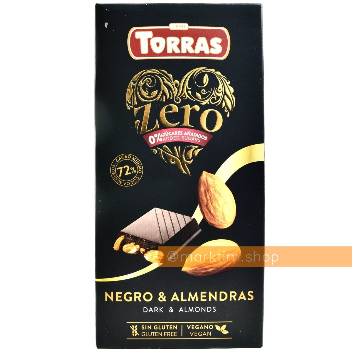 Шоколад чорний 72% з мигдалем без цукру Zero Torras (150 г)