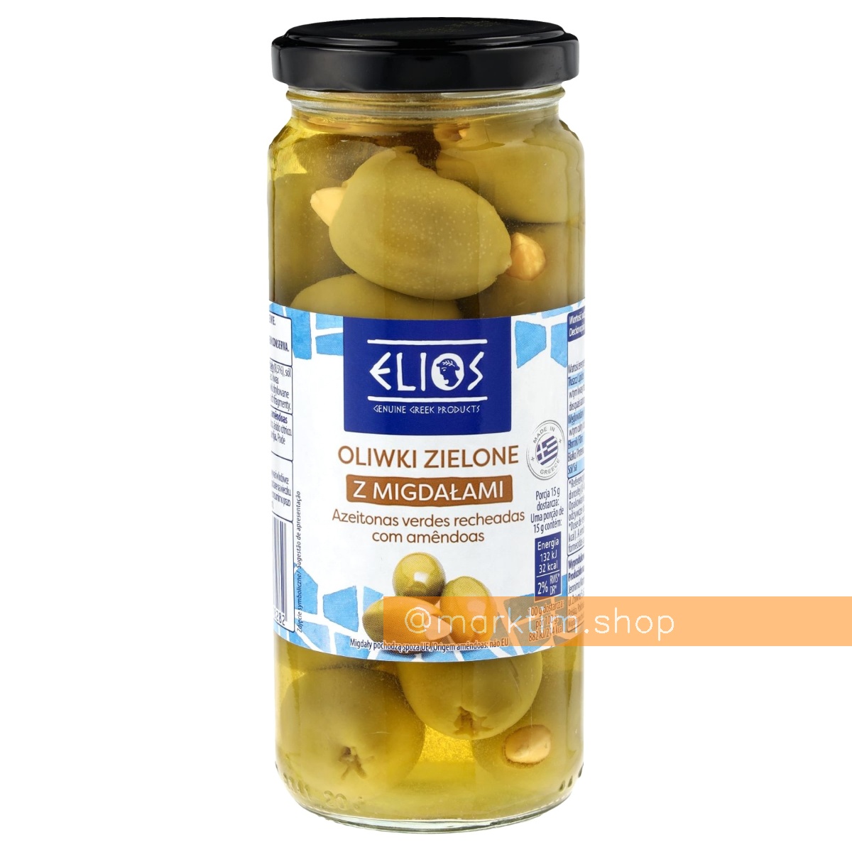 Зеленые оливки, фаршированные миндалём Elios (340 г)