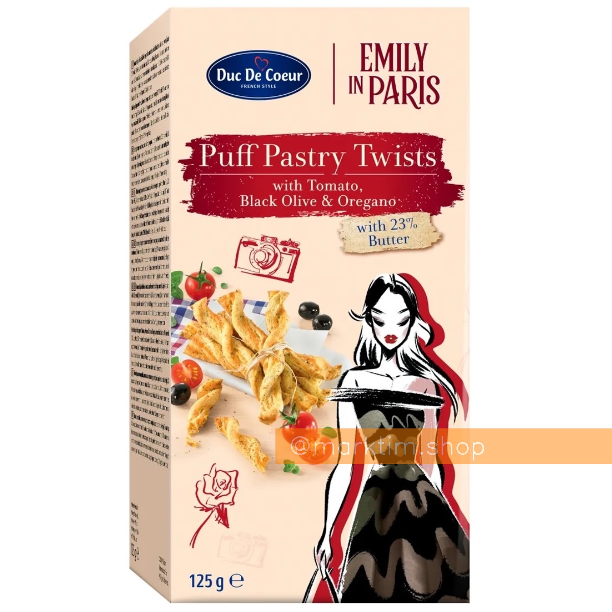 Спиральные слоеные палочки с томатами, черными оливками и орегано Emily in Paris DUC DE COEUR (125 г)