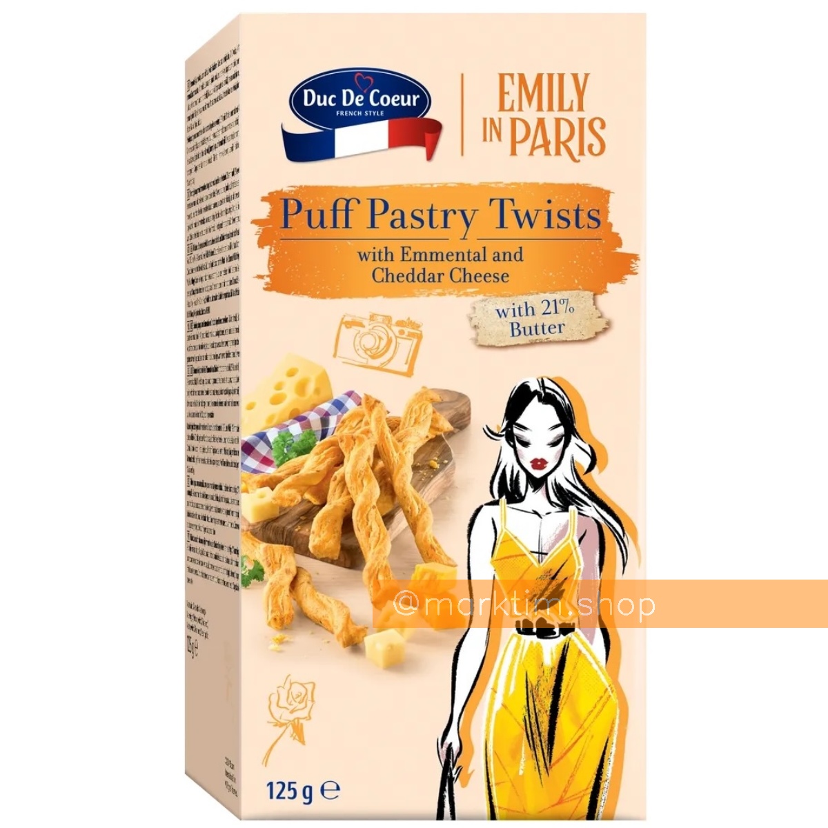 Спиральные слоеные палочки с сыром Эменталлер и Чеддер Emily in Paris DUC DE COEUR (125 г)