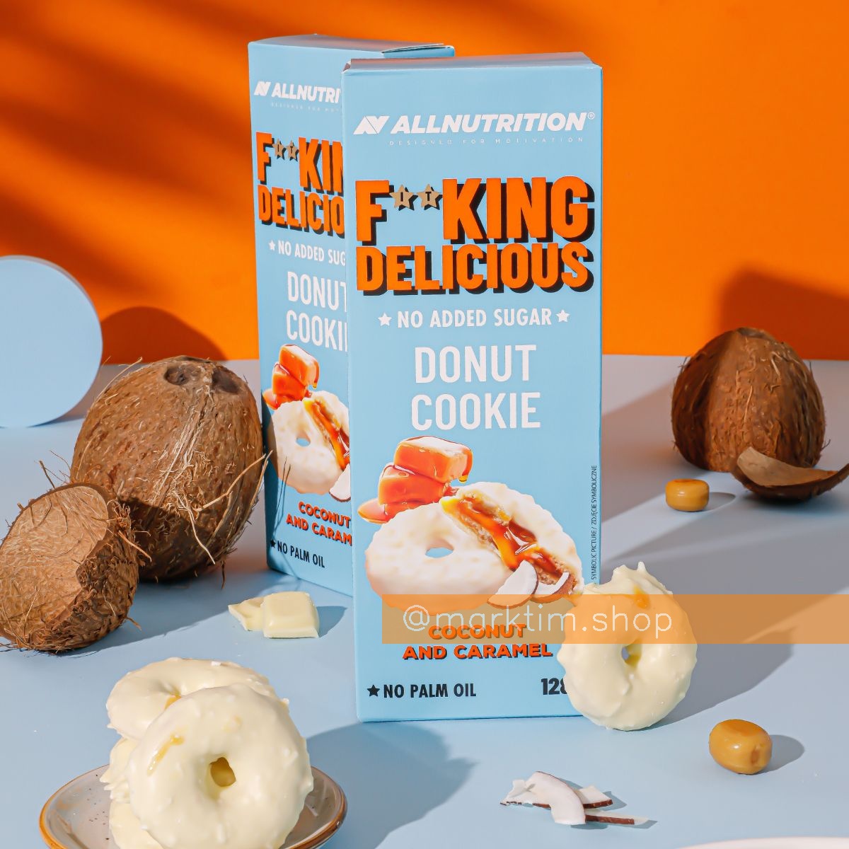 Печенье пончик без сахара с карамельной начинкой Donut Cookie в кокосовой глазури Fitking Delicious ALL NUTRITION (128 г)