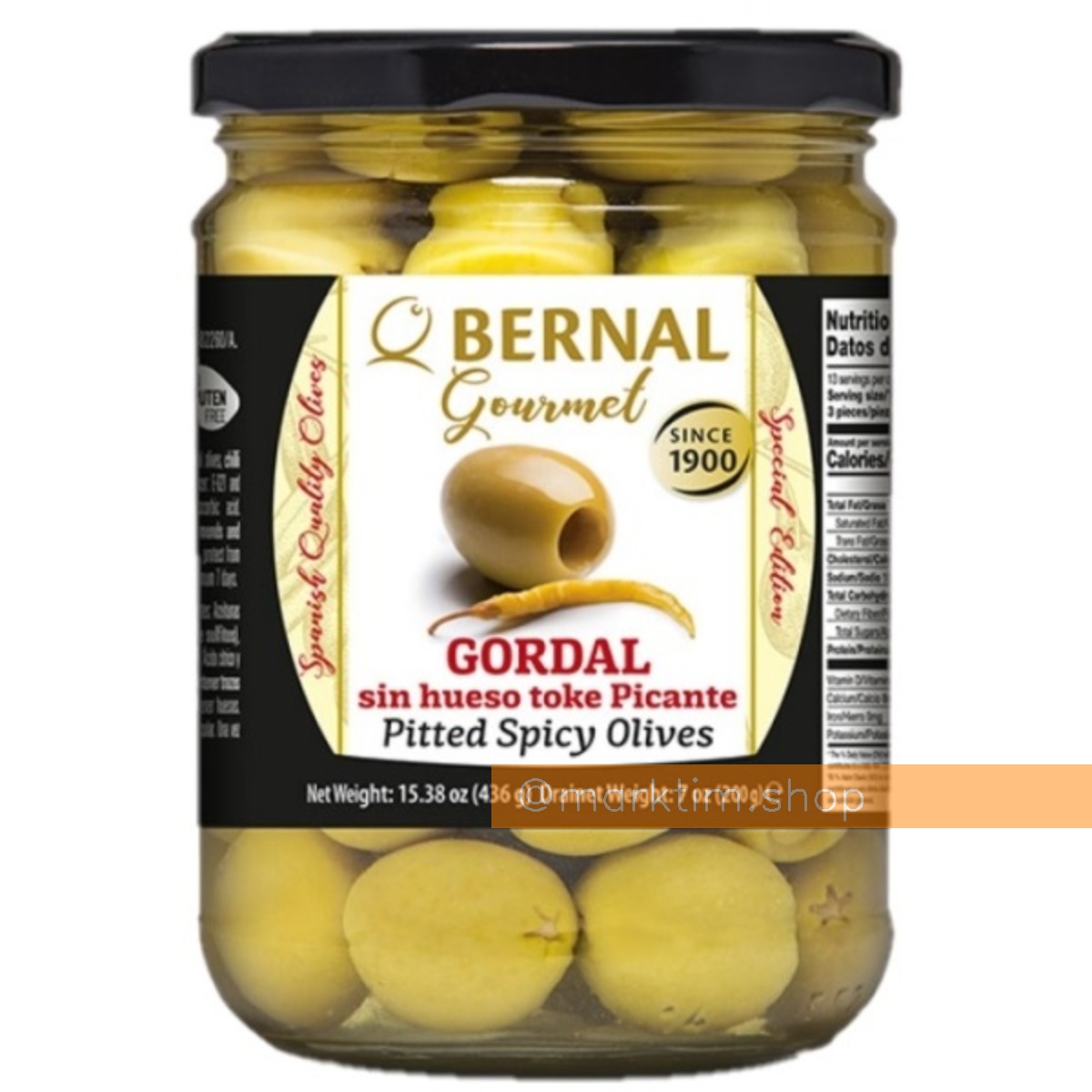 Оливки гіганти Gordal без кісточки пікантні, в маринаді з гострим перцем BERNAL (436 г)