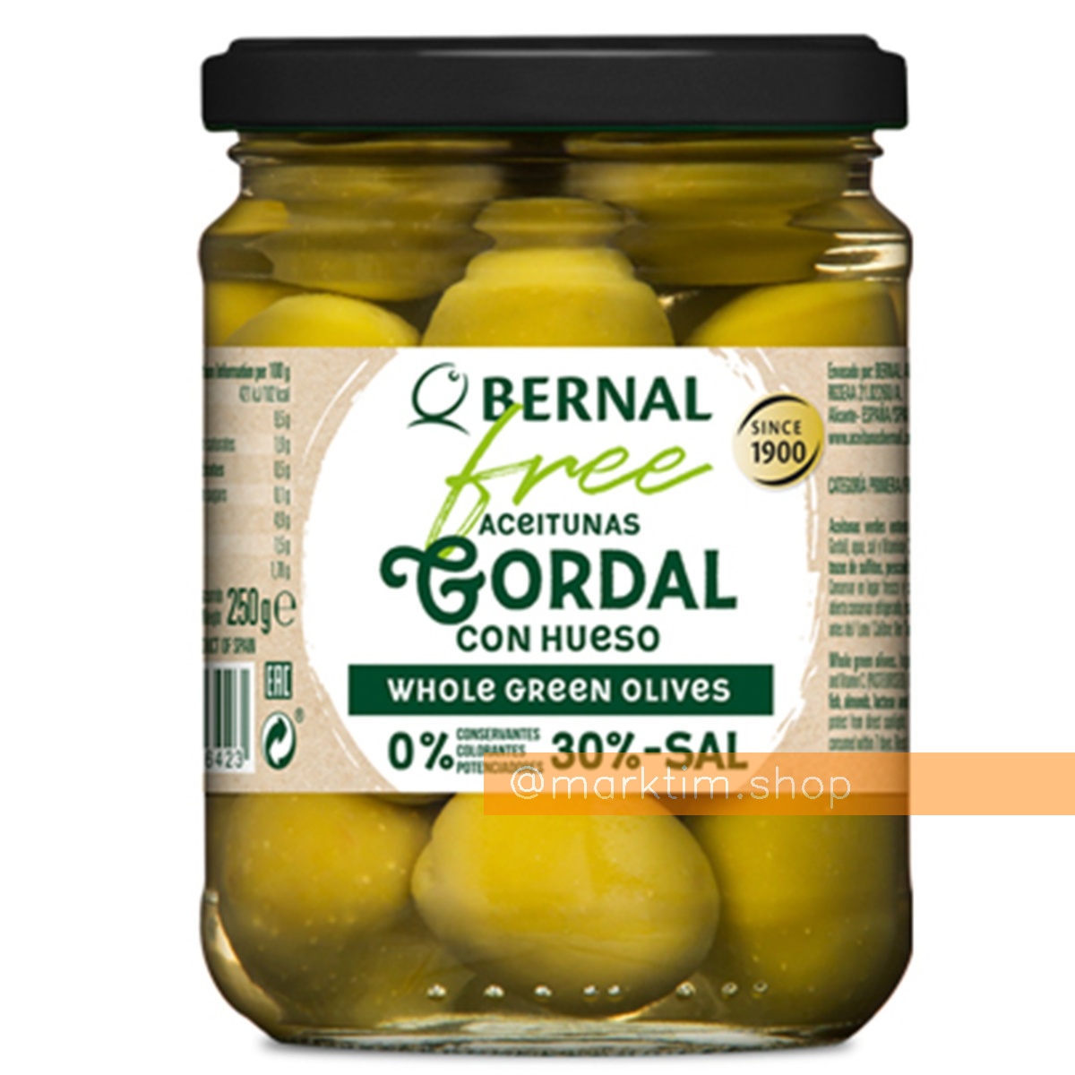 Оливки гиганты Gordal с косточкой 30% меньше соли без уксуса BERNAL (436 г)