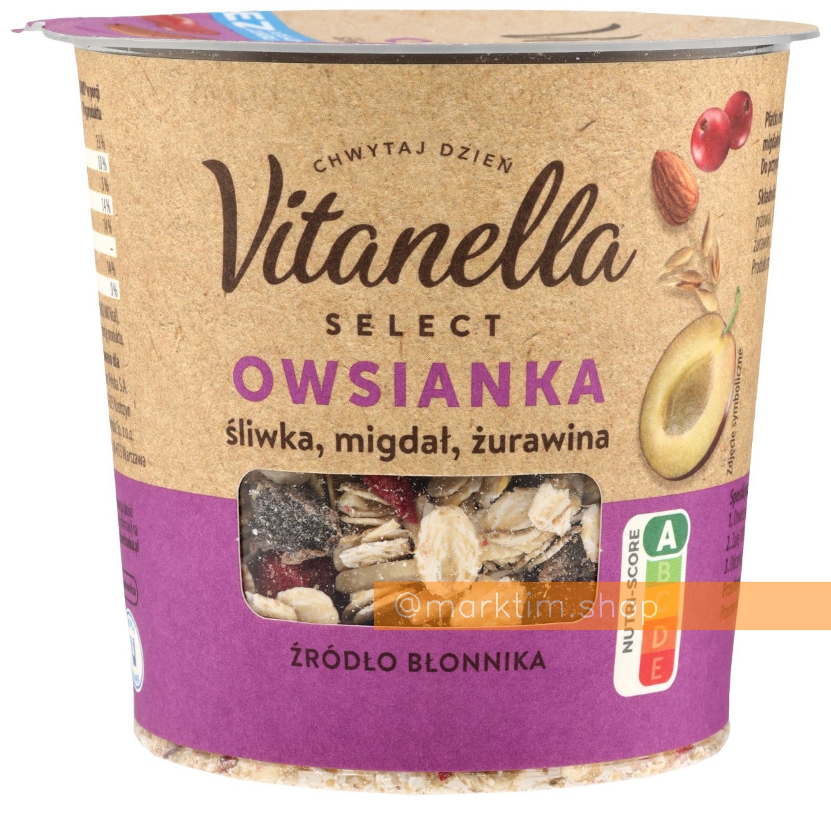 Овсянка в стакане слива, миндаль, клюква Vitanella Premium (70 г)