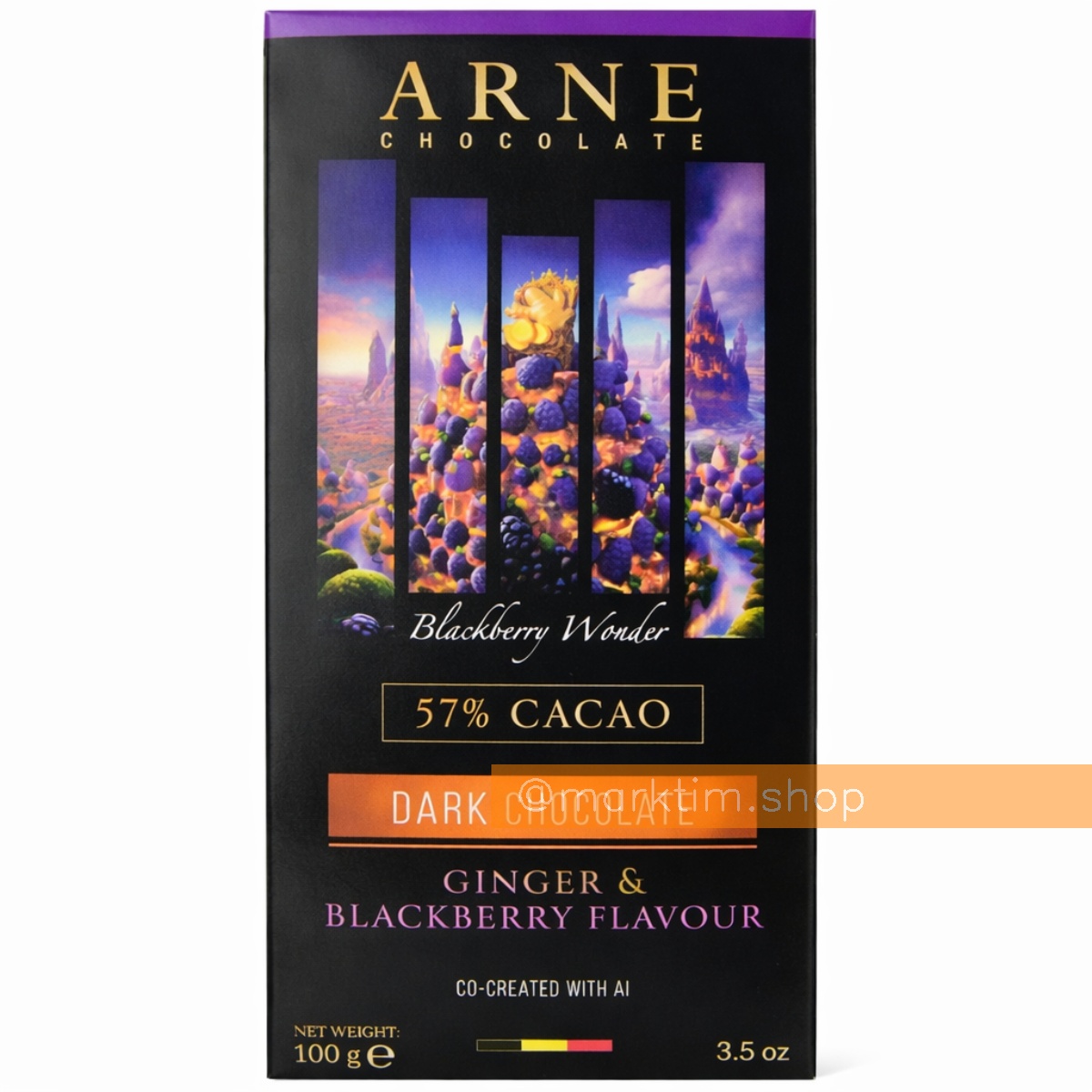 Шоколад чорний 57% з імбером та ожиною Arne (100 г)