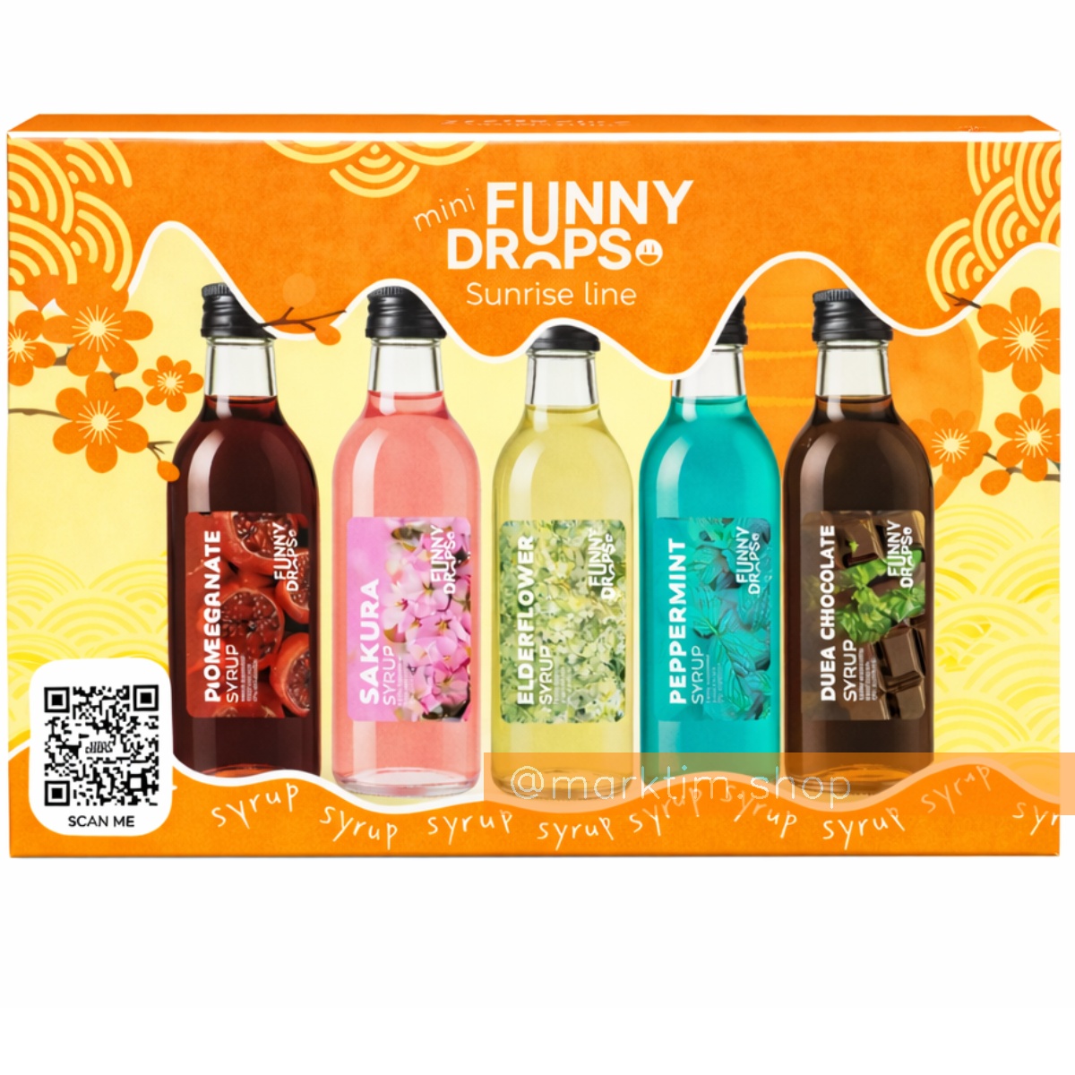 Набір сиропів Гранат, Сакура, М'ята, Бузина, Дубайський шоколад Funny Drops (5х50 мл)