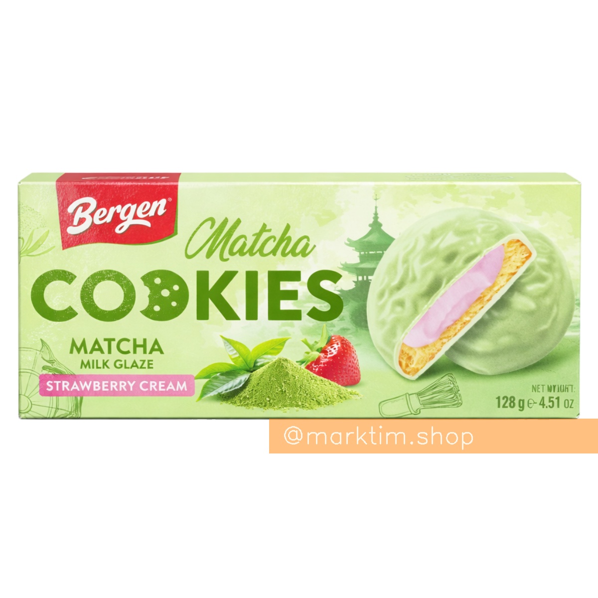 Печиво з чаєм Матча і малиновим кремом в молочній глазурі Matcha Cookies BERGEN (128 г)