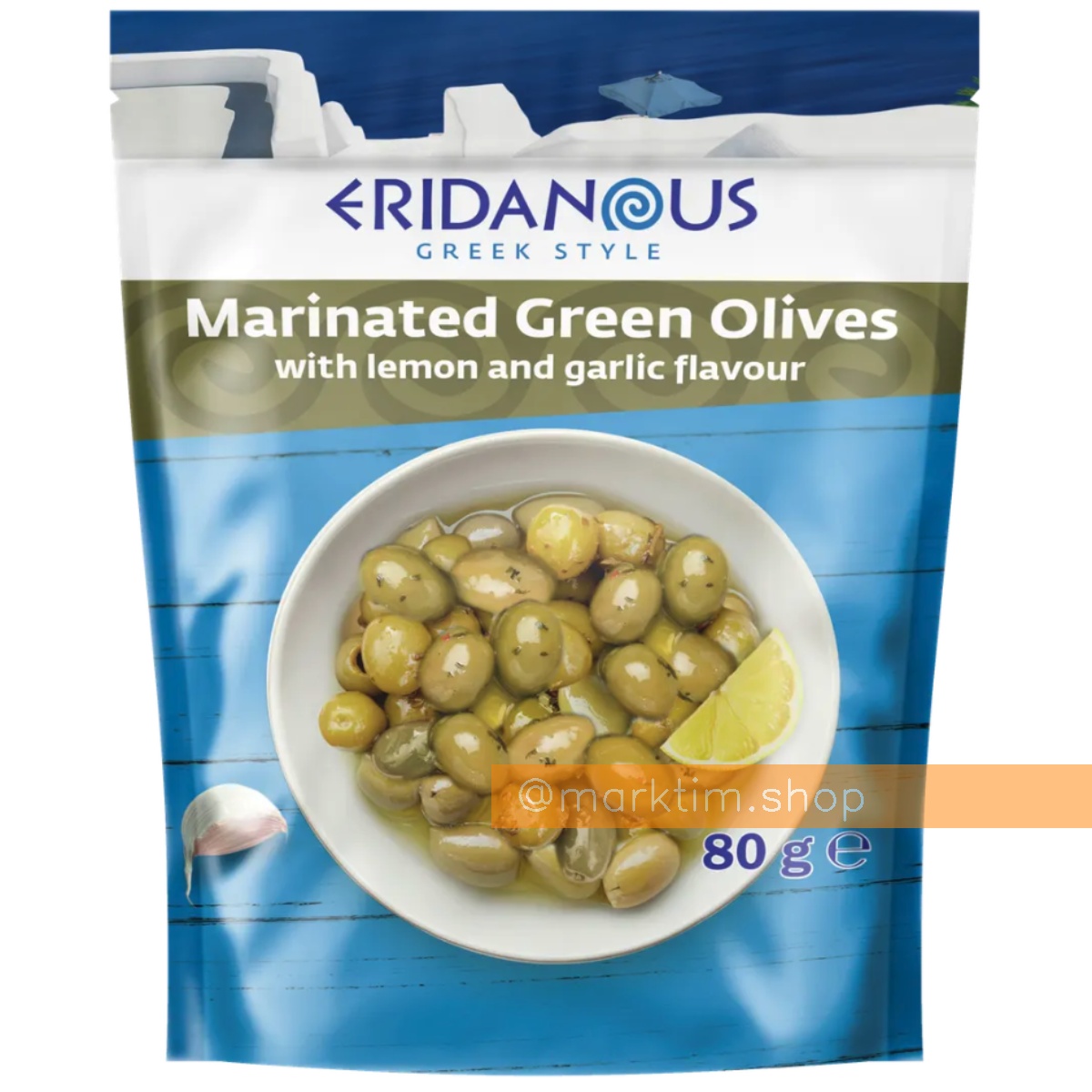 Мариновані зелені оливки з лимоном і часником ERIDANOUS (80 г)