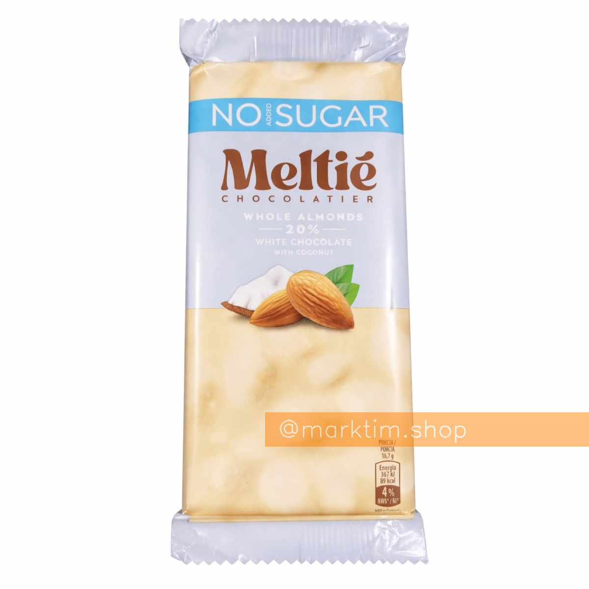 Шоколад білий без цукру з мигдалем і кокосом MELTIE (100 г)
