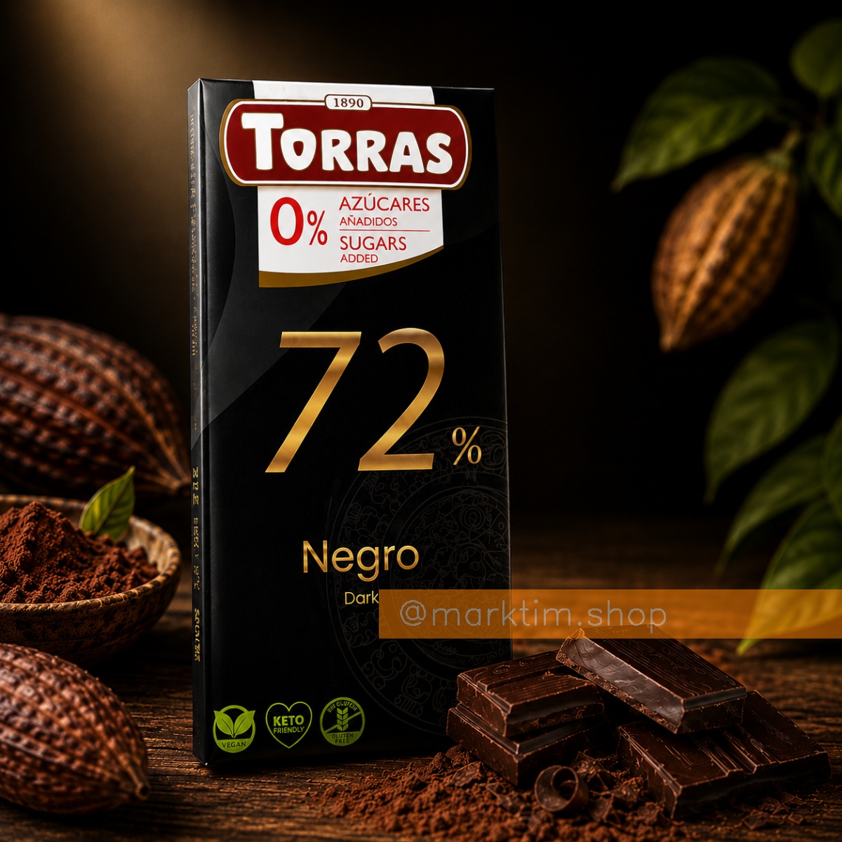 Шоколад екстрачорний без цукру 72% Torras (75 г)